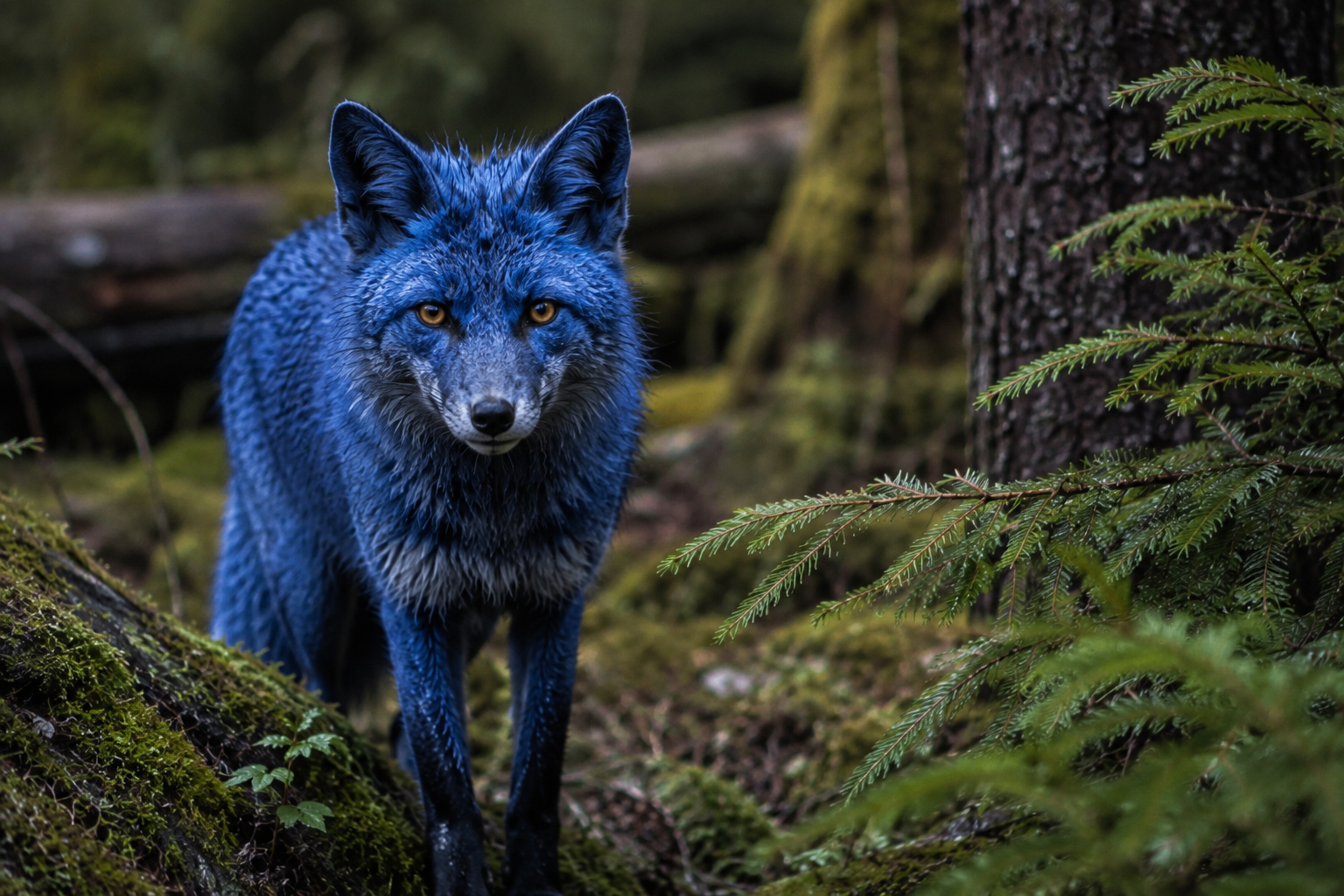 A blue fox standing in a sunlit clearing in a dark forest, the only thing in the frame you notice